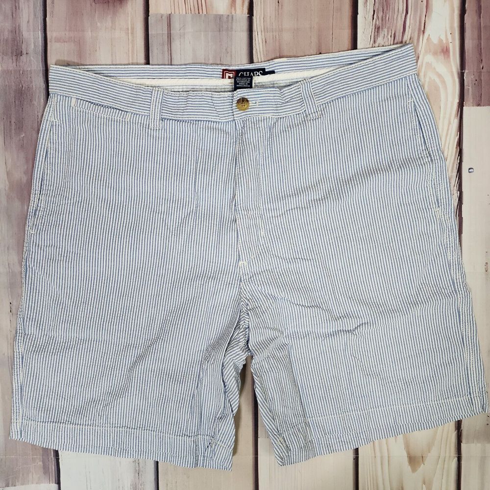 Chaps Men's 38 Seersucker Cotton Blue Striped Flat Front Shorts 38x8